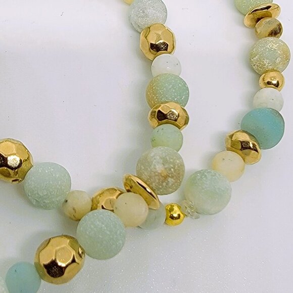 Lovely Set of 2 Amazonite and Gold Light Green and Whtie Color Beaded Bracelets - Picture 2 of 2